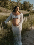 White 2 Piece Crochet Mesh Backless Flare Sleeve Bodycon Vacation Beach Photoshoot Baby Shower Maternity Maxi Dress Maternity