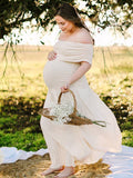 Apricot Off Shoulder Ruched Pleated Big Swing Maternity Baby Shower Maxi Dress Maternity