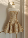 Ball Gown Strapless Travel Vacation Dresses Short Satin Gold Birthday Dress SD321