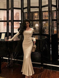 Mermaid Square Neckline Long Sleeves White Long Prom Dresses Birthday Dress SD292