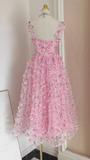 A Line Straps Pink Floral Tulle Lace Prom Dresses Birthday Outfits SD377