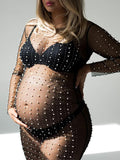 Mesh Solid Color Beading Pearl Rhinestone Long Sleeve Cover-ups Side Slit Photoshoot Maternity Maxi Dress Maternity