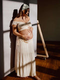 Ivory White Two Piece Set Off Shoulder Ruffle Falbala Bodycon Elegant Maternity Boho Photoshoot Baby Shower Maxi Dress Maternity
