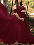 Grenadine Tulle Lace Off Shoulder Baby Shower Photoshoot Pregnant Maternity Maxi Dress Maternity