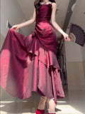 Red Satin Long Straps Prom Dress Wine Red A-line Party Dress SD1360