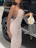 Beige Ruched Halter Neck Backless Bodycon Fashion Maternity Midi Dress Maternity