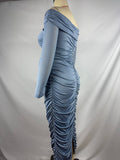 Blue Ruched Off Shoulder Cross Chest Bodycon Elegant Wedding Guest Maternity Photoshoot Midi Dress Maternity