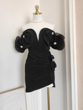A line Off The Shoulder Black Party Dress Short Birthday Dresses With BEads SD356