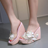 Cool Slippers Shop Hundred Korean Version Of Fashion Beaded Flowers Summer Transparent Slope And Thick Bottom Slippers High Quality Shoes