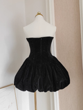 A Line Strapless Black Velvet Ruffles Vacation Dresses Short Birthday Outfits SD337