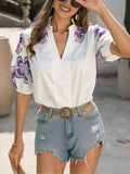 Print Notched Puff Sleeve Blouse DJPT