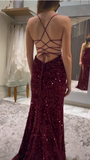 Mermaid Spaghetti Straps Burgundy Sequin Prom Dresses Party Dress SD1316