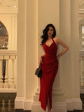 Sheath Halter Red Slit Velvet Prom Dresses Birthday Outfits SD771