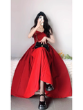 A Line Spaghetti Straps Red Backless Ruffles Long Prom Dresses Birthday Outfits SD510