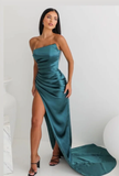 Sheath Strapless Neckline Slit Satin Long Party Dress Prom Dresses SD2446
