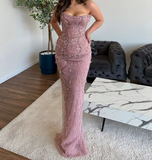 Mermaid Strapless Tulle Pink Long Evening Dress Prom Dresses With Beads SD2073