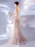 Mermaid Halter Pink Sequin Long Prom Dress Evening Dress Formal Dress SD1819