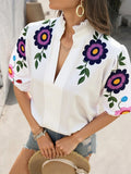 Print Notched Puff Sleeve Blouse DJPT