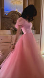A Line Short Sleeves Pink Tulle Long Prom Dresses Formal Evening Dress SD1415