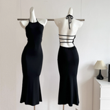 Sheath Halter Black Dinner Dresses Mid Length Black Birthday Outfit SD287