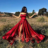 A Line Spaghetti Straps Red Backless Prom Dresses Long Party Dress SD2265
