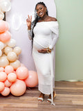 White Mesh Irregular Ruched Draped Off Shoulder Bodycon Elegant Cocktail Party Gown Maternity Photoshoot Baby Shower Maxi Dress Maternity