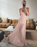Mermaid Strapless Neckline Pink Long Chiffon Party Dresses Prom Dress SD2028