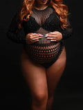 Black Rhinestone Fishnet Knitting Sheer Cut Out Photoshoot Short Jumpsuit Maternity Bodysuit Maternity