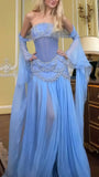 A Line Off The Shoulder Maxi Long Party Light Blue Chiffon Prom Dresses Evening Dress SD2395
