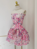 A line Strapless Sleeveless Pink Floral Cocktail Dress Short Birthday Outfits SD388