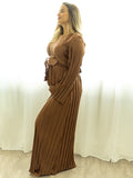 Brown Pleated Ruffle Belted Elegant Photoshoot Baby Shower Maternity Maxi Dress Maternity