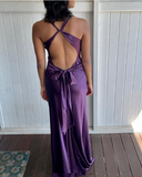 A-Line V Neckline Grape Satin Long Prom Dresses Formal Evening Dress SD1389
