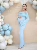 Blue Knit Ruched Off Shoulder Flare Sleeve Bodycon Elegant Cocktail Party Gown Maternity Photoshoot Baby Shower Maxi Dress Maternity