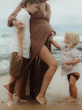Slit Deep V-neck Lantern Sleeve Elegant Photoshoot Maternity Maxi Dress Maternity