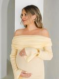 Yellow Knit Off Shoulder Flare Sleeve Mermaid Bodycon Elegant Vacation Photoshoot Baby Shower Maternity Maxi Dress Maternity