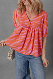 Stripe Print Ruched Cuff Half Sleeve V Neck Blouse DJPT