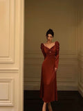 A line Long Sleeves Red Satin Prom Dresses Birthday Outfits SD313