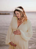 Ivory White Single Breasted Open Front Big Swing Deep V-neck Robe Elegant Wedding Gown Maternity Boho Photoshoot Baby Shower Maxi Dress Maternity