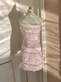 A Line Spaghetti Straps Pink Lace Vacation Dresses Short Birthday Outfits SD330