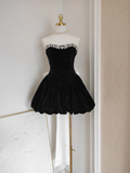 A Line Strapless Black Velvet Ruffles Vacation Dresses Short Birthday Outfits SD337
