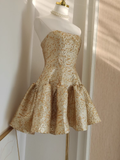 Ball Gown Strapless Travel Vacation Dresses Short Satin Gold Birthday Dress SD321