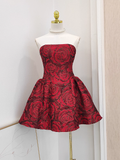 Ball Gown Strapless Red Satin Floral Cocktail Dress Short Birthday Outfits SD402
