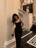 Sheath Straps Black Satin Prom Dresses With Beads Birthday Dress SD569