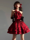Ball Gown Halter Burgundy Lace Short Cocktail Dresses Birthday Outfits SD576