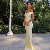 Mermaid Off The Shoulder Yellow Satin Long Evening Dress Prom Dresses SD2063