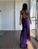 A-Line V Neckline Grape Satin Long Prom Dresses Formal Evening Dress SD1389