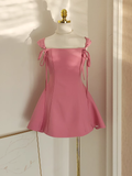 A Line Straps Pink Satin Short Homecoming Dresses Birthday Outfits SD371