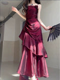 Red Satin Long Straps Prom Dress Wine Red A-line Party Dress SD1360