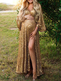Golden Sparkly Sequin Side Slit Flare Sleeve Elegant Evening Gown Boho Maternity Photoshoot Baby Shower Party Maxi Dress Maternity