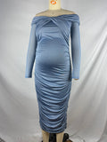 Blue Ruched Off Shoulder Cross Chest Bodycon Elegant Wedding Guest Maternity Photoshoot Midi Dress Maternity